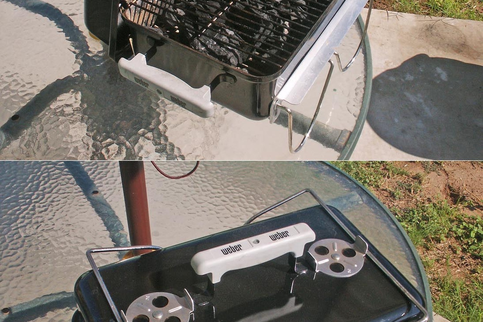 A compact charcoal grill, shown for travel-format comparison; not a pellet model.